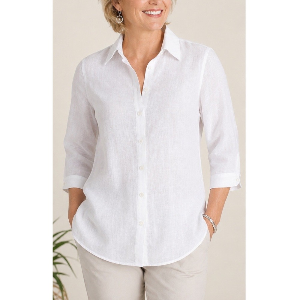 Chico's White 100% Linen Button Down Shirt Women's Size 1 M White Long Sleeve